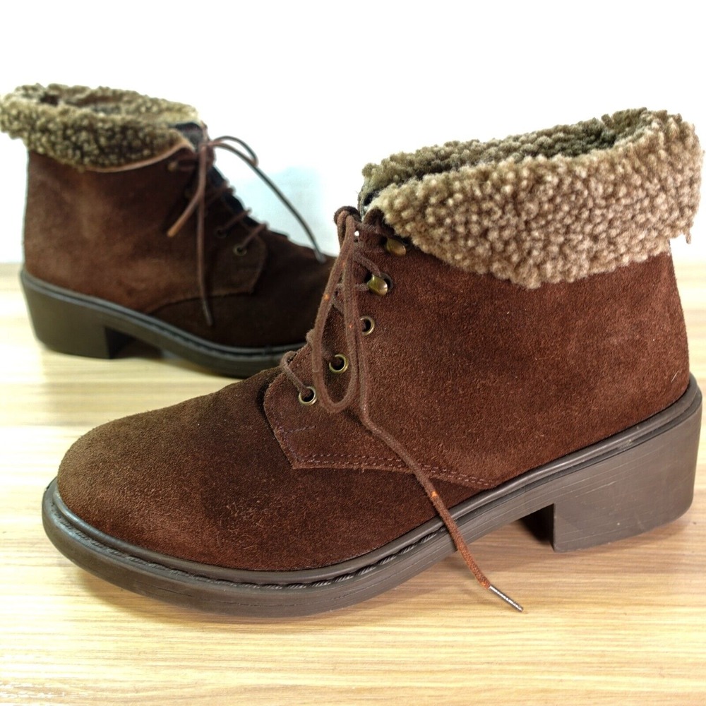 Womens Shearling Fur Ankle Boots 6.5 M Brown Combat‎ Apres Ski Winter EAGLE ROCK
